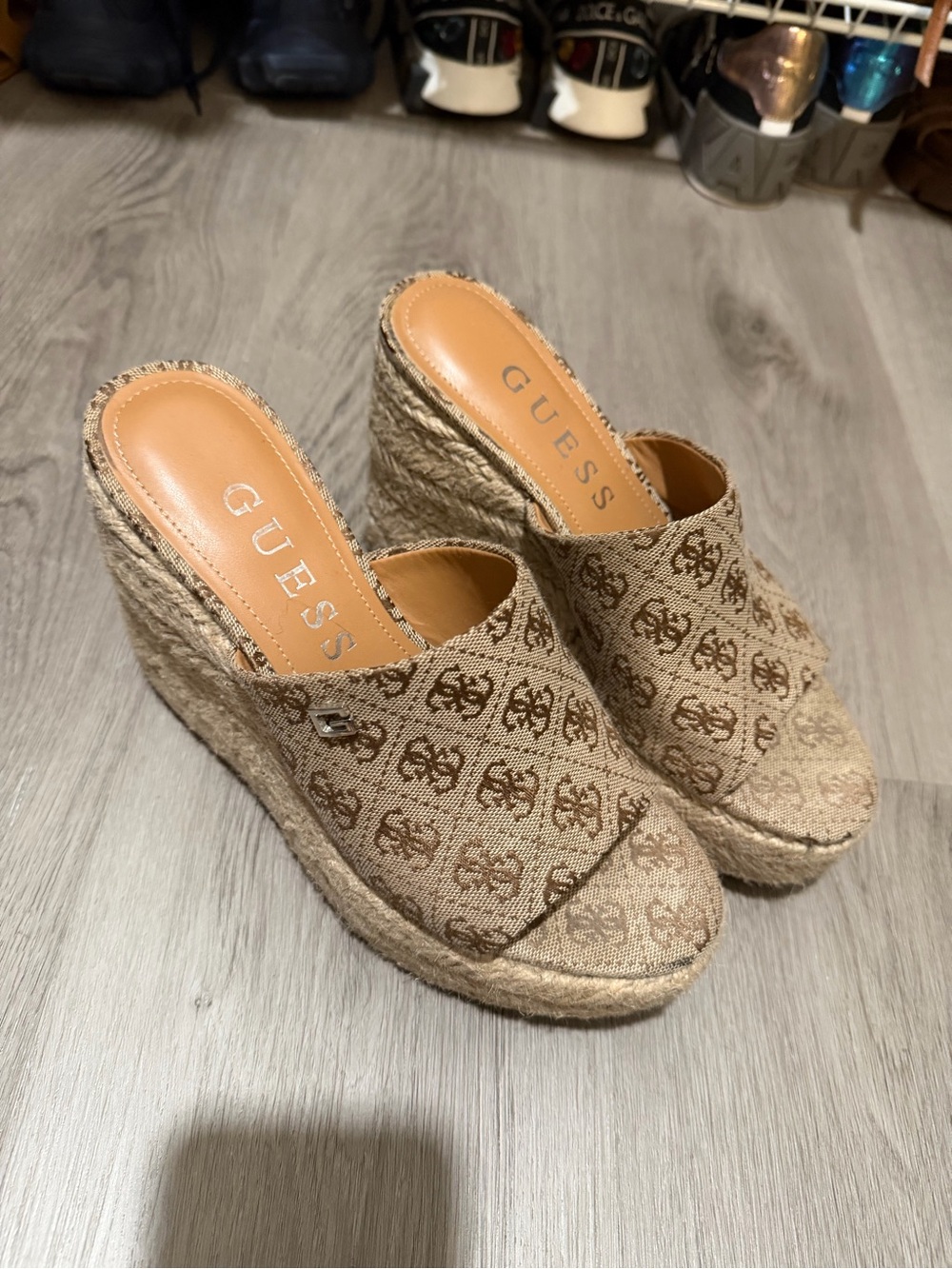 GUESS Tan Logo Espadrille Wedge Mules